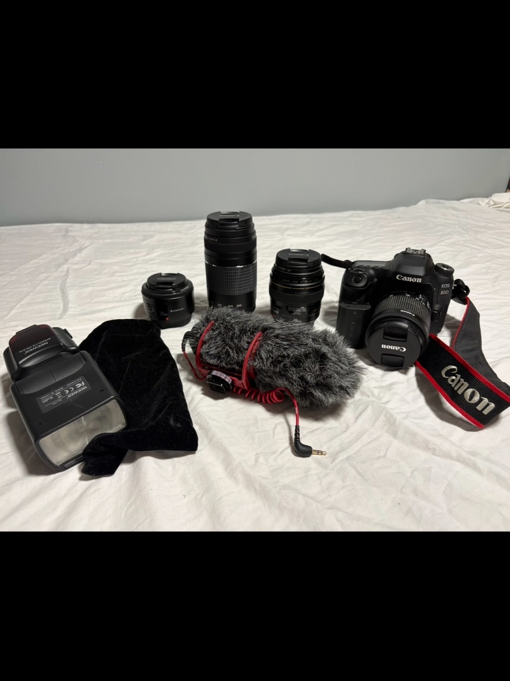 Canon DSLR Camera Kit with Black Body, Black Lenses and Gray Furry Microphone